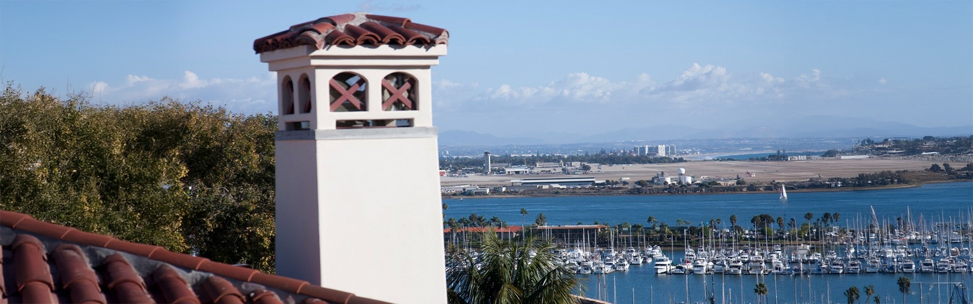 Rooftop view of the harbor and marina.