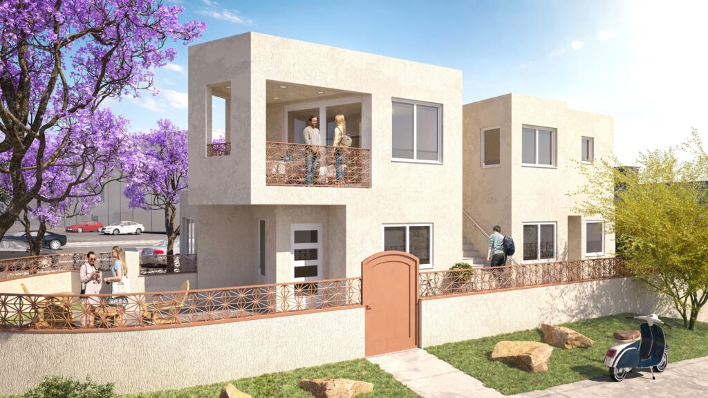 A rendering of a two-story house with a balcony, highlighting its contemporary style and spacious layout.